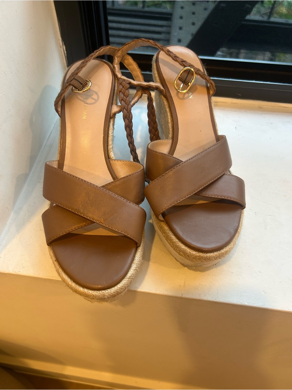 Stuart Weitzman Tan Braided Espadrille Wedge Sandals